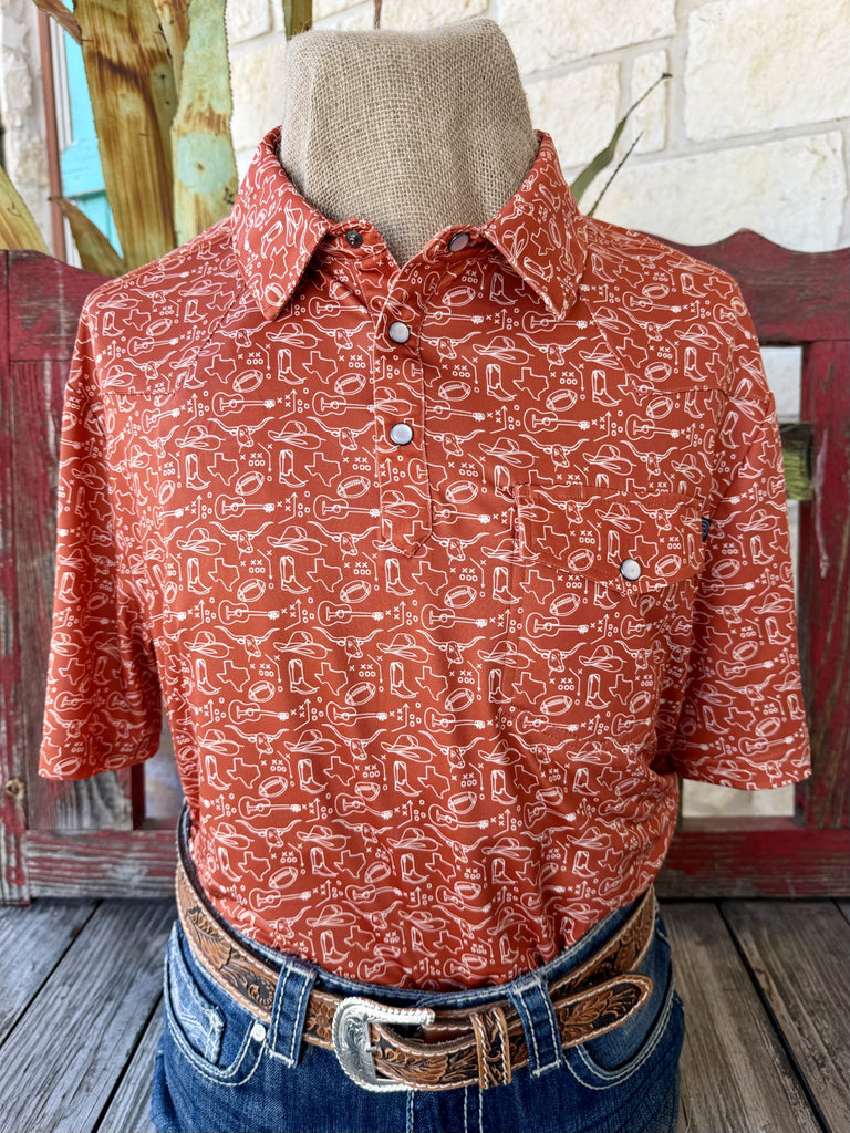 Men's rust and white football print pullover short sleeve shirt — Blair's Western Wear Marble Falls TX
