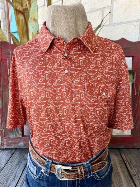 Men's rust and white football print pullover short sleeve shirt — Blair's Western Wear Marble Falls TX