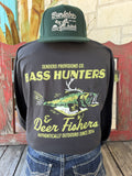 Men's black Sendero Provisions Co. Bass Hunters & Deer Fishers long sleeve tee with olive chest logo, front view styled with jeans and tooled leather belt — Blair's Western Wear Marble Falls TX