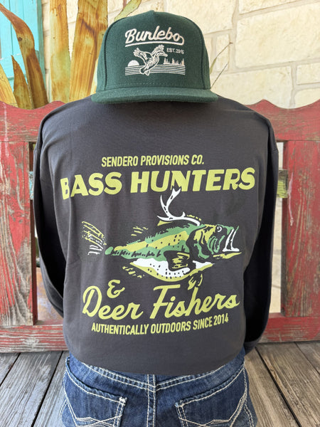 Men's black Sendero Provisions Co. Bass Hunters & Deer Fishers long sleeve tee with olive chest logo, front view styled with jeans and tooled leather belt — Blair's Western Wear Marble Falls TX
