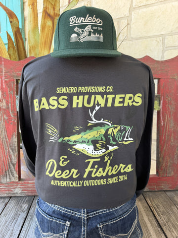 Men's black Sendero Provisions Co. Bass Hunters & Deer Fishers long sleeve tee with olive chest logo, front view styled with jeans and tooled leather belt — Blair's Western Wear Marble Falls TX