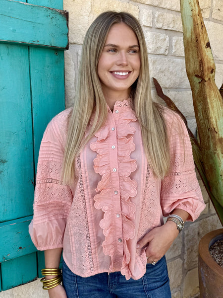 Women's peach eyelet embroidery button-front top with ruffled bib and pintuck detail, back view — Blair's Western Wear Marble Falls TX