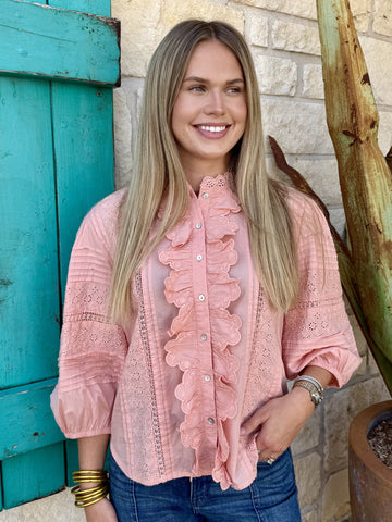 Women's peach eyelet embroidery button-front top with ruffled bib and pintuck detail, back view — Blair's Western Wear Marble Falls TX