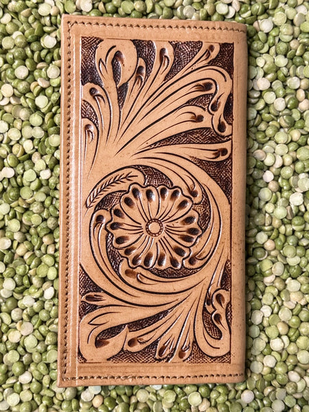 Men's Texas Flag Floral Tooled Leather Checkbook Wallet