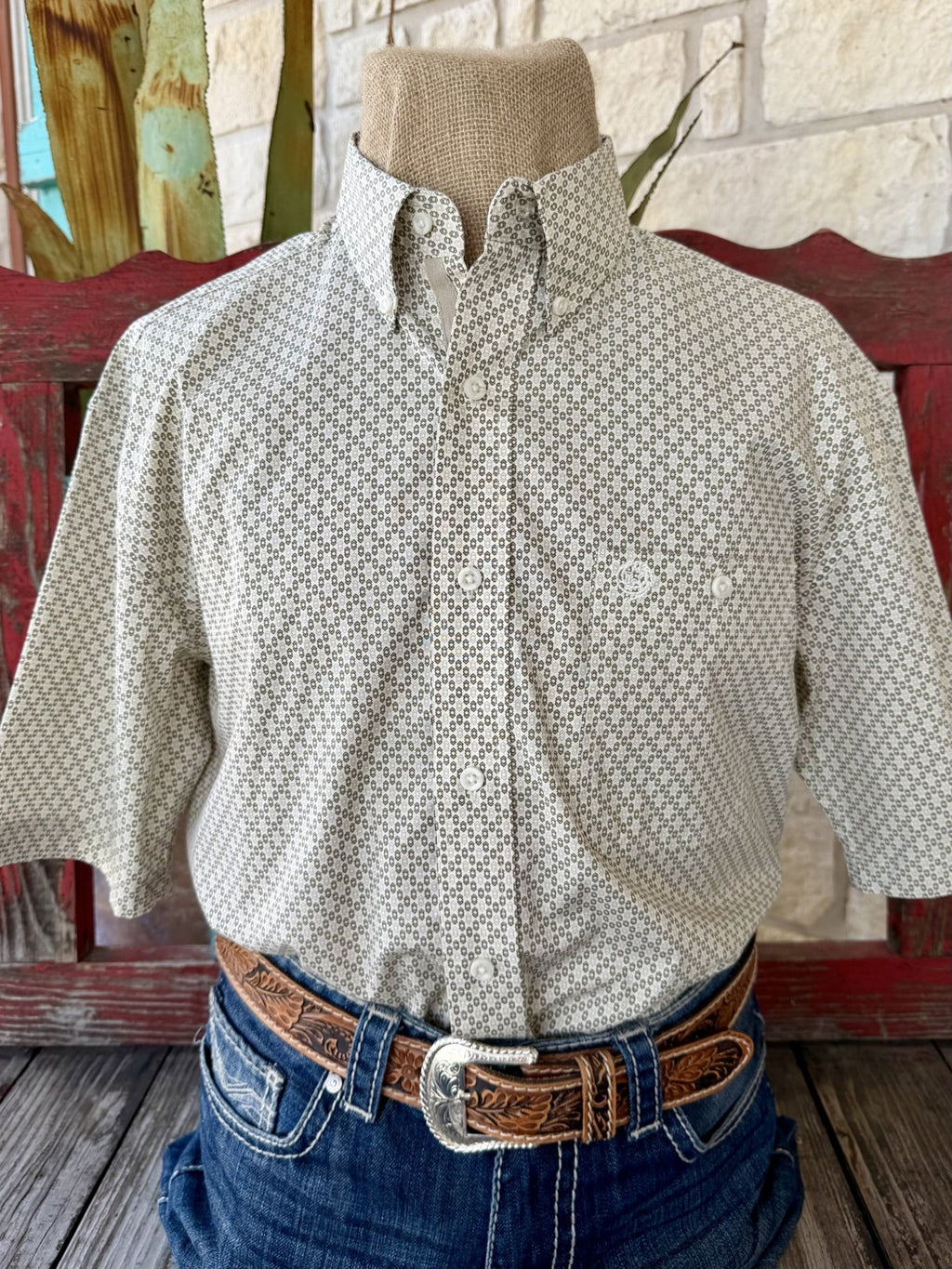 Men's natural and olive print short sleeve button-up Western shirt — Blair's Western Wear Marble Falls TX