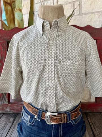 Men's natural and olive print short sleeve button-up Western shirt — Blair's Western Wear Marble Falls TX