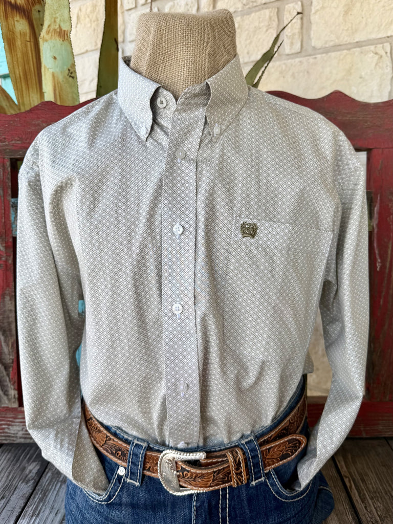 Men's light olive and white print long-sleeve shirt — Blair's Western Wear Marble Falls TX