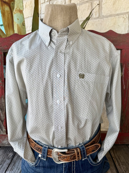 Men's light olive and white print long-sleeve shirt — Blair's Western Wear Marble Falls TX