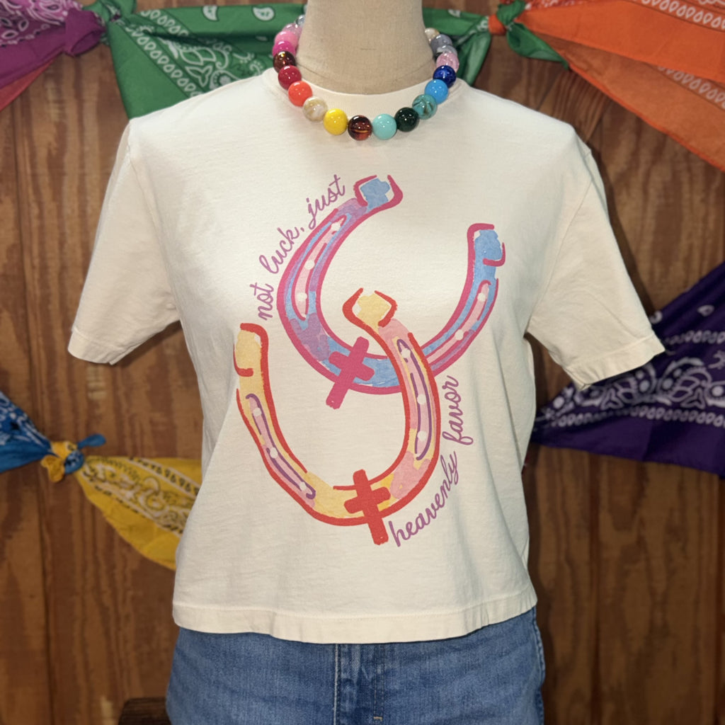 Women's Not Luck Just Heavenly Favor Horseshoe Crop Tee