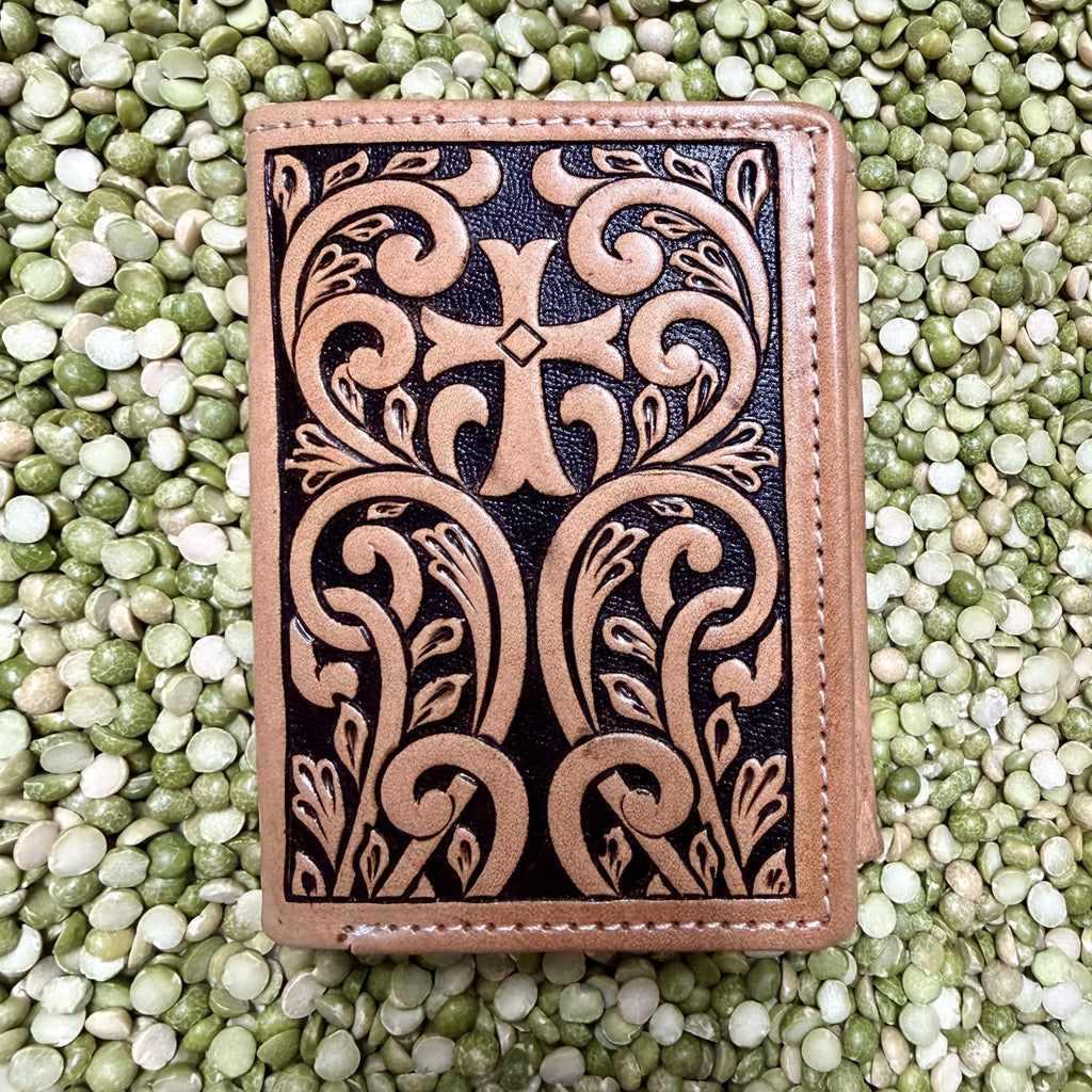 Men’s natural and chocolate trifold wallet with tooled cross design — Blair's Western Wear Marble Falls TX