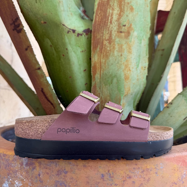 Women's mauve Papillio by Birkenstock platform sandal with three adjustable gold buckle straps and cork footbed, side view — Blair's Western Wear Marble Falls TX