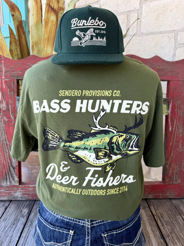Men's hunter green Sendero Provisions Co. Bass Hunters & Deer Fishers short sleeve tee with largemouth bass deer antler back graphic and Authentically Outdoors Since 2014 tagline, back view — Blair's Western Wear Marble Falls TX