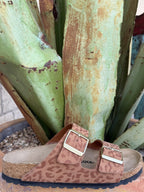 Pecan-and-brown leopard-print two-strap sandal with adjustable gold-tone buckles and a contoured cork footbed — Blair's Western Wear Marble Falls TX