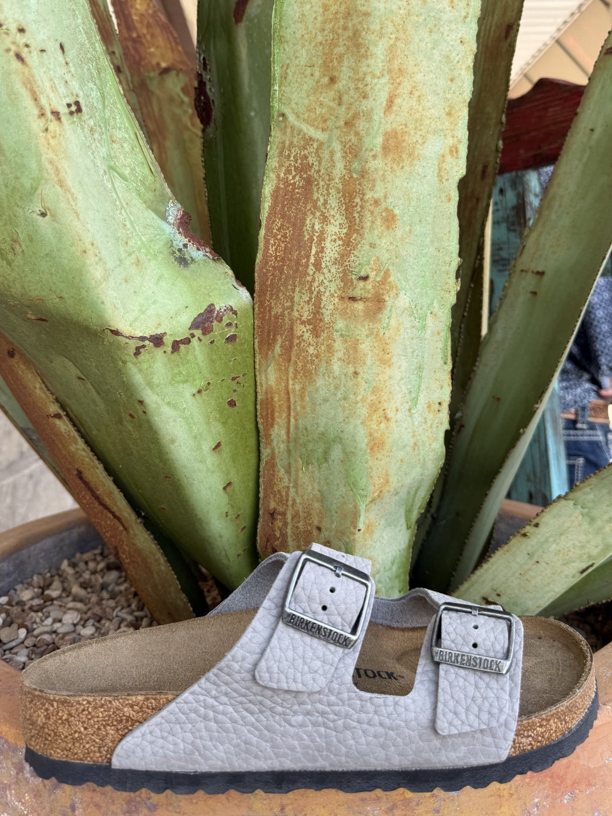 Men's whale gray grained nubuck leather sandal with two adjustable buckle straps, contoured cork footbed, and lightweight EVA outsole — Blair's Western Wear Marble Falls TX