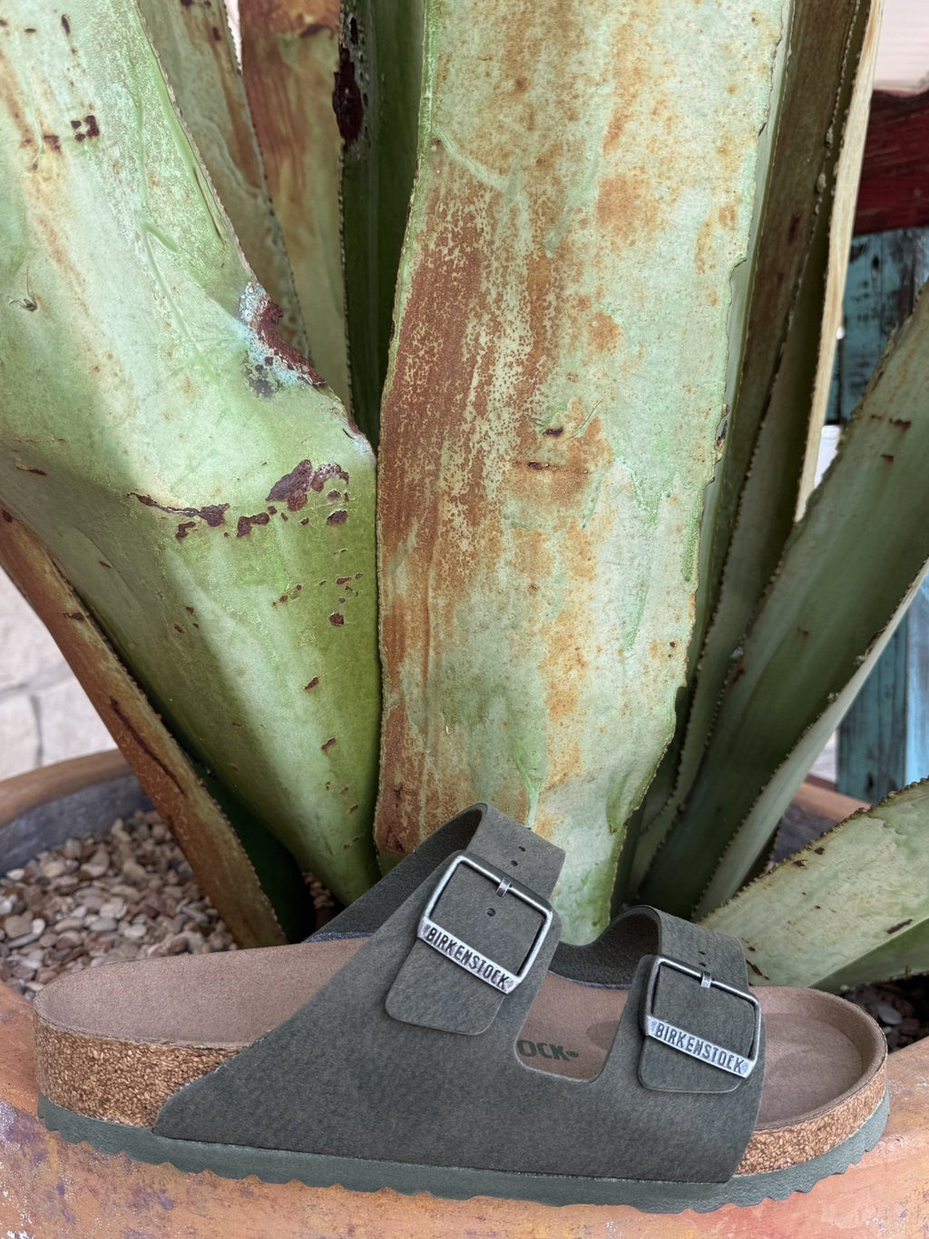 Men's green microfiber two-strap sandal with adjustable metal buckles, a contoured cork footbed, and a matching outsole — Blair's Western Wear Marble Falls TX