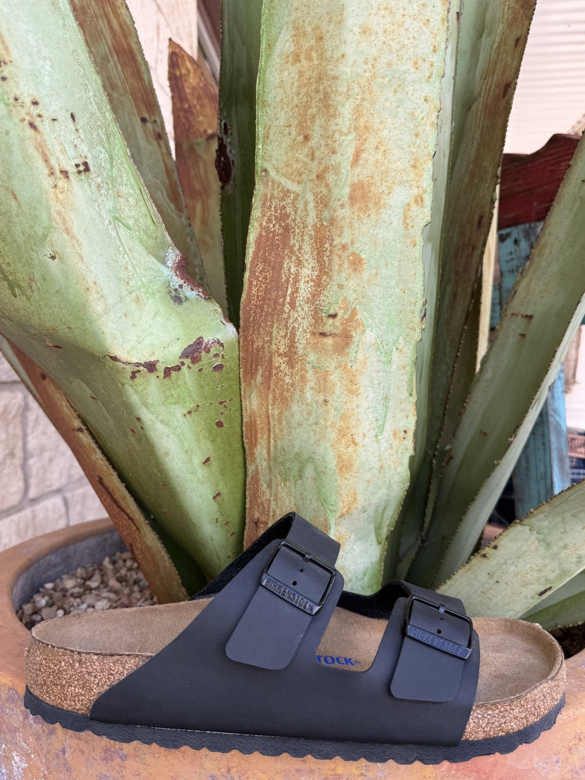 Women's black Birko-Flor two-strap sandal with adjustable metal buckles and a contoured cork footbed — Blair's Western Wear Marble Falls TX