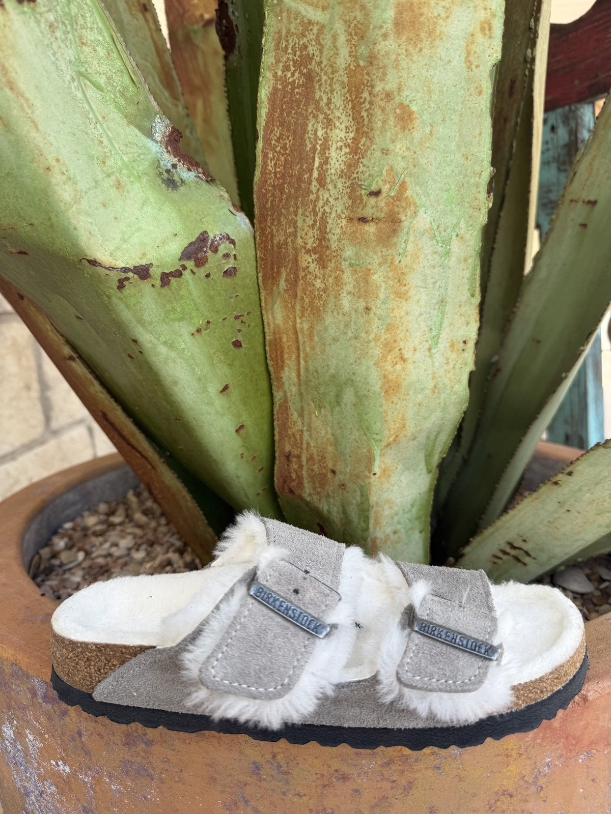 Women's grey suede two-strap sandal with adjustable buckles and shearling lining — Blair's Western Wear Marble Falls TX