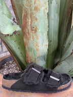 Women's Mocha suede two-strap Arizona sandal with adjustable buckles and shearling lining — Blair's Western Wear Marble Falls TX