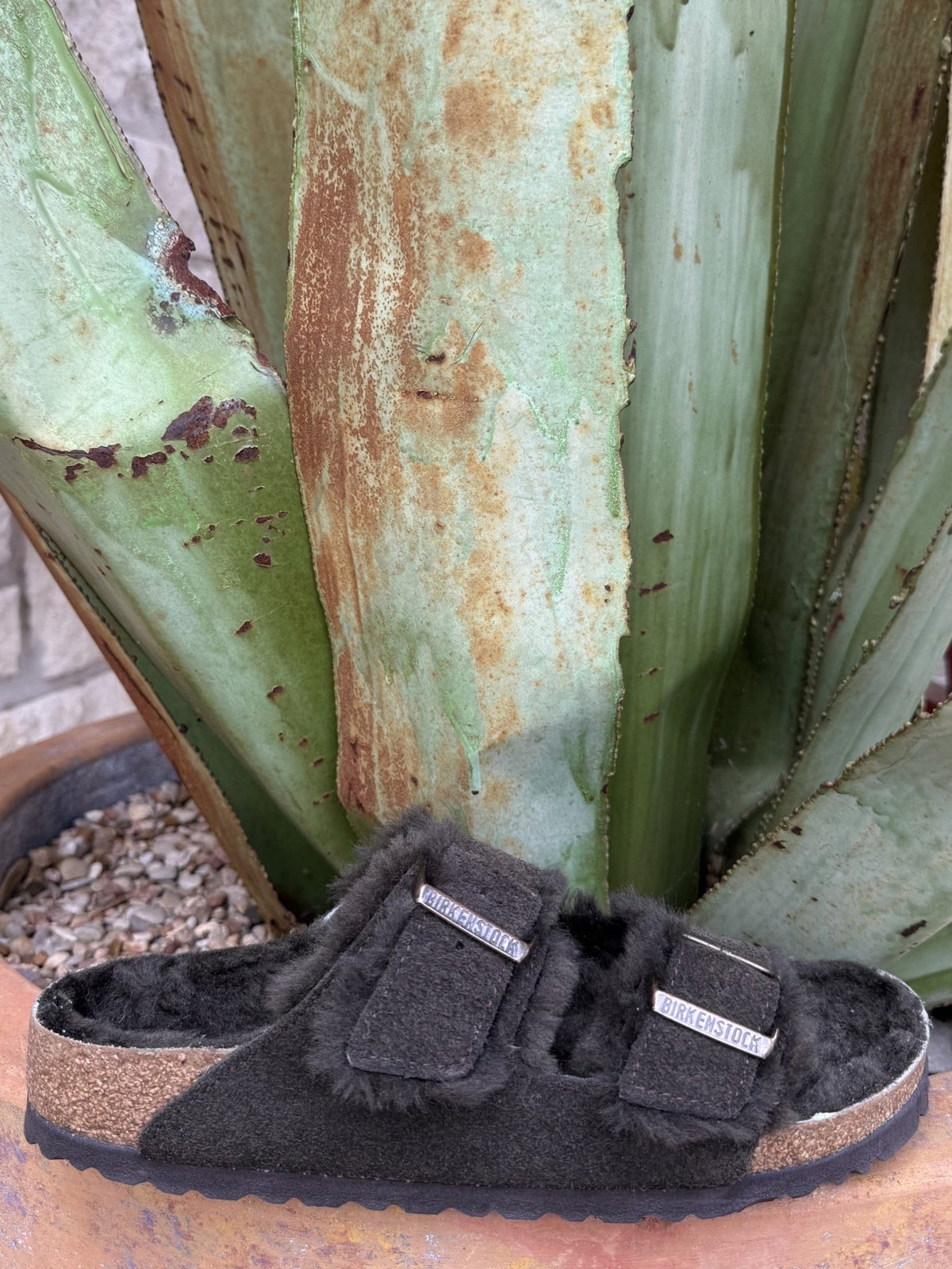 Women's Mocha suede two-strap Arizona sandal with adjustable buckles and shearling lining — Blair's Western Wear Marble Falls TX