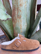 Women's mink suede closed-toe clog with an adjustable metal buckle and plush shearling lining — Blair's Western Wear Marble Falls TX