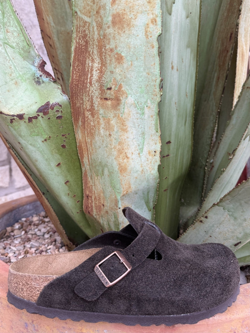 Women's Mocha suede closed-toe clog with an adjustable buckle strap and cork-latex footbed — Blair's Western Wear Marble Falls TX