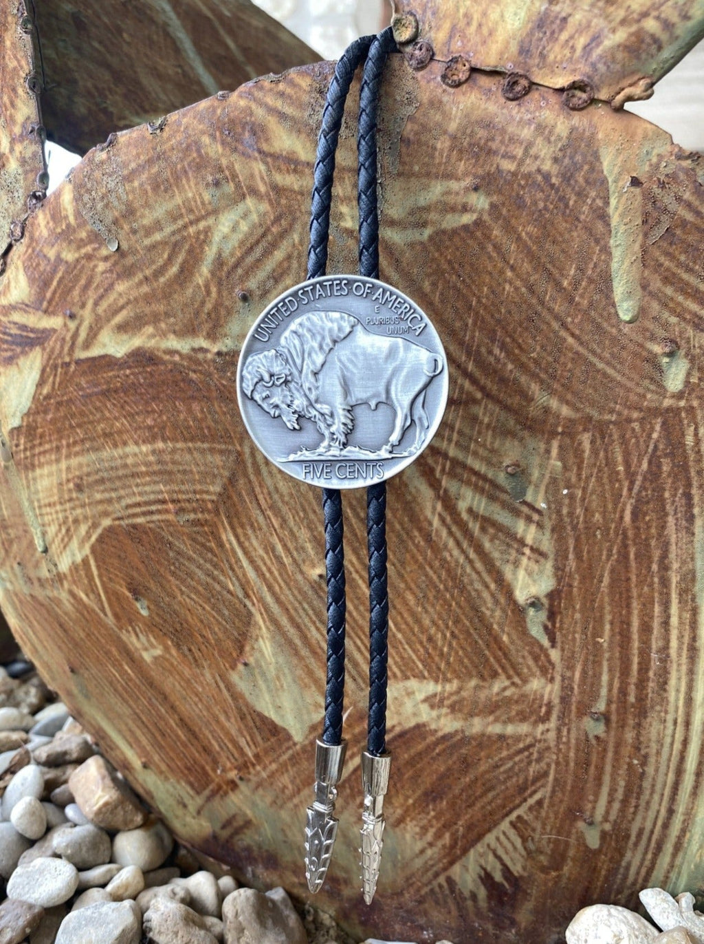Bolo Tie with Nickel that say "United States of America" & 'Five Cents" with Bison in the center and Arrowhead Silver Tips - 22146 - BLAIR'S Western Wear located in Marble Falls TX