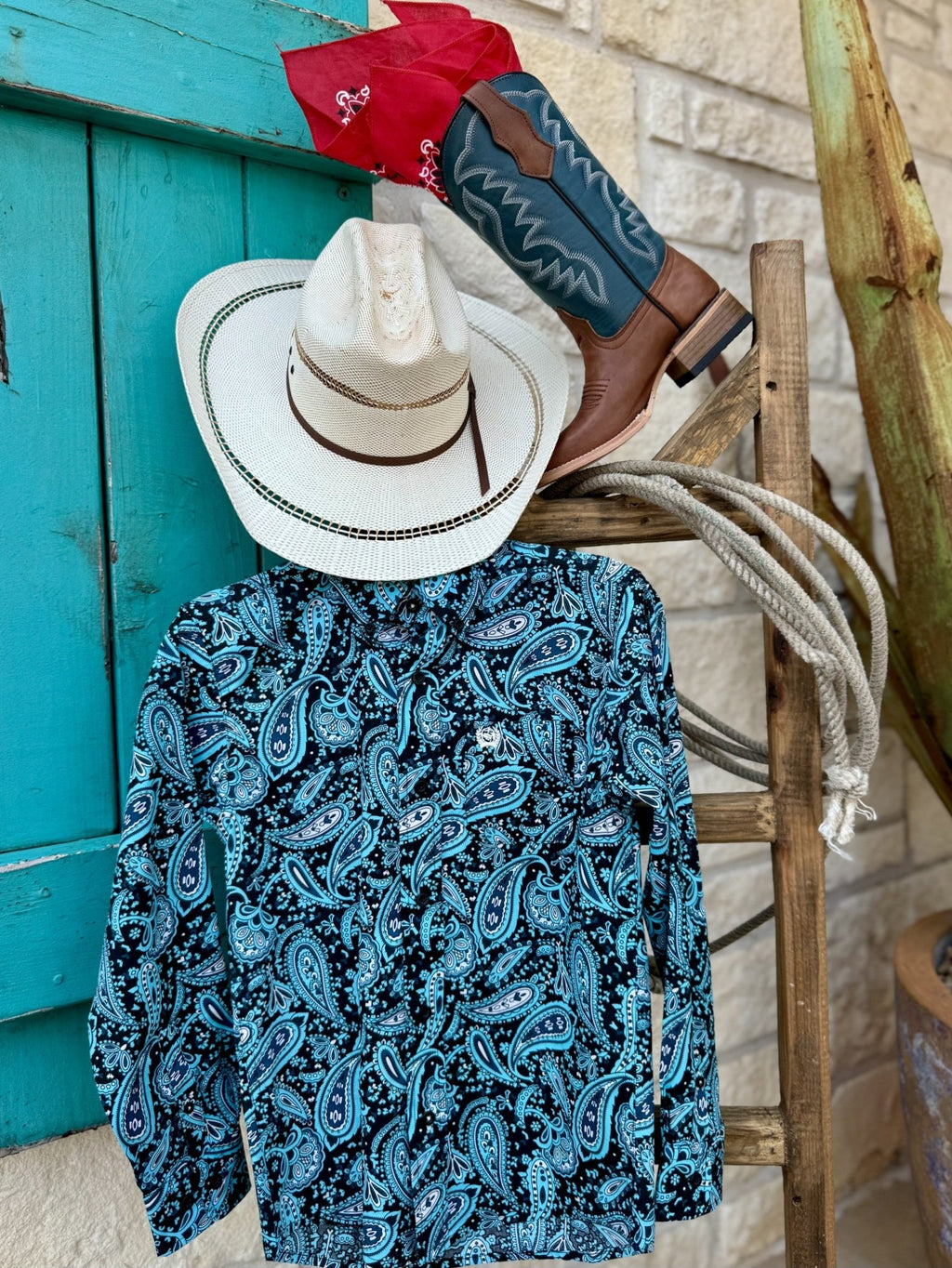 Boy's Cinch Long Sleeve Shirt in navy and aqua paisley, crafted from lightweight cotton for breathable comfort with an embroidered Cinch logo detail - MTW7060376. Available at Blair's Western Wear, Marble Falls, TX.