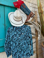 Boy's Cinch Long Sleeve Shirt in navy and aqua paisley, crafted from lightweight cotton for breathable comfort with an embroidered Cinch logo detail - MTW7060376. Available at Blair's Western Wear, Marble Falls, TX.