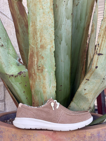 Women’s tan tooled suede Hilo casual shoe with breathable cushioning and flexible sole — Blair’s Western Wear Marble Falls TX