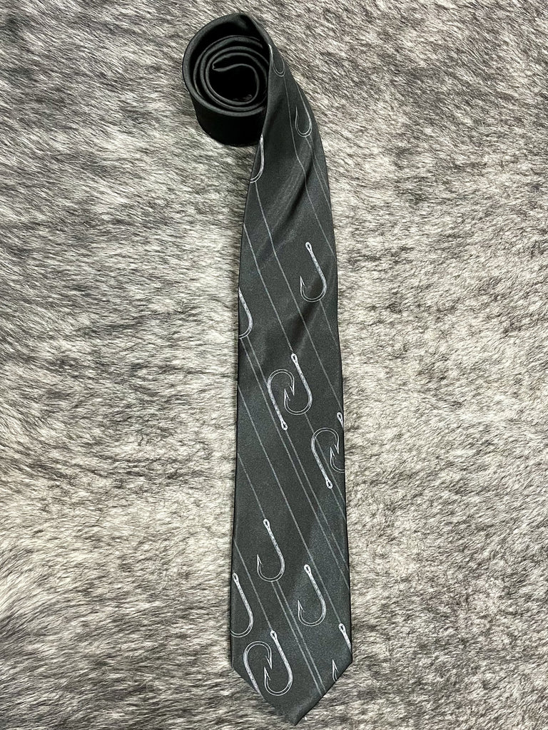 Men's black necktie with silver fish hook and fishing line novelty print, smooth woven finish, standard width pointed tip — Blair's Western Wear Marble Falls TX