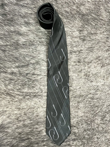 Men's black necktie with silver fish hook and fishing line novelty print, smooth woven finish, standard width pointed tip — Blair's Western Wear Marble Falls TX