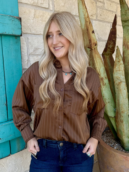 Women's Long Sleeve Pinstripe Button-Front Top