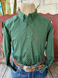 Men's hunter green long sleeve shirt with small white and pink diamond print, button-down collar, green buttons, and chest pocket with pink embroidered logo — Blair's Western Wear Marble Falls TX