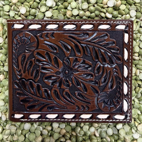 Men's Bifold Two-Tone Tooled Leather Rawhide Stitch Wallet