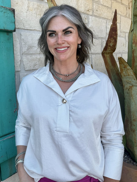 Women's Ivory 3/4 Sleeve Concho Cuff Pullover Tunic
