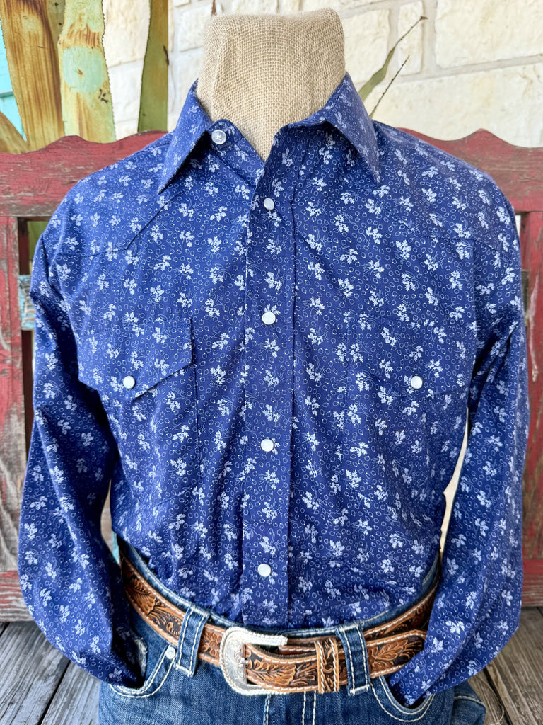 Men's navy printed long-sleeve Western shirt — Blair's Western Wear Marble Falls TX