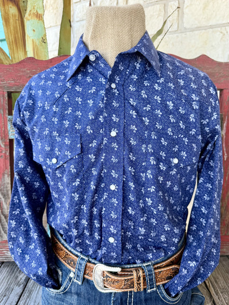 Men's navy printed long-sleeve Western shirt — Blair's Western Wear Marble Falls TX