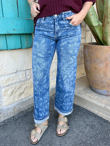 Women's Light Wash Floral Scroll Print Straight Ankle Jeans