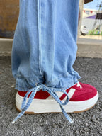 Women's Light Wash Wide Leg Drawstring Hem Denim Pant