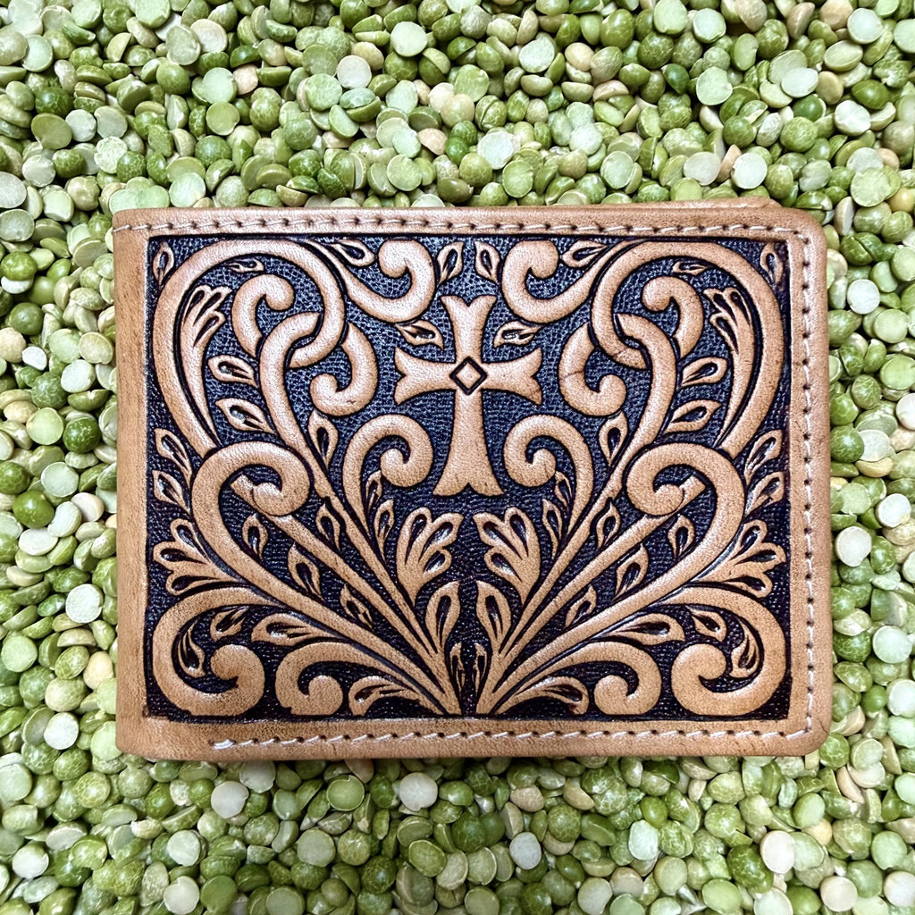 Men’s bifold wallet with tooled cross design — Blair's Western Wear Marble Falls TX