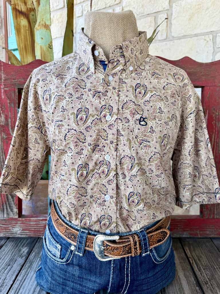 Men's tan olive navy Western paisley print short sleeve shirt — Blair's Western Wear Marble Falls TX