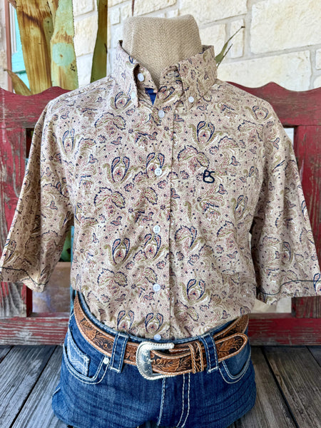 Men's tan olive navy Western paisley print short sleeve shirt — Blair's Western Wear Marble Falls TX