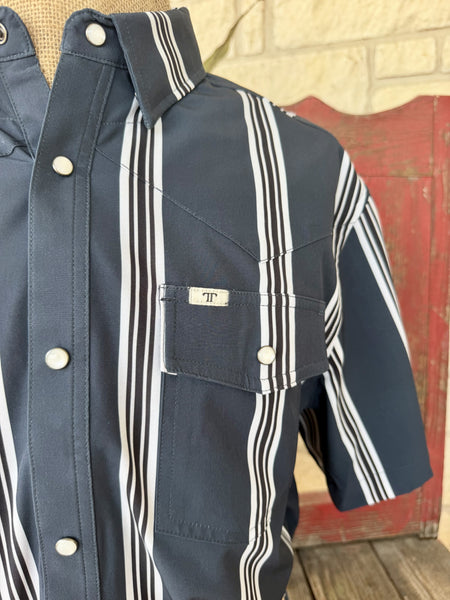 Men's Ferrell Navy and White Striped Short Sleeve Snap Shirt