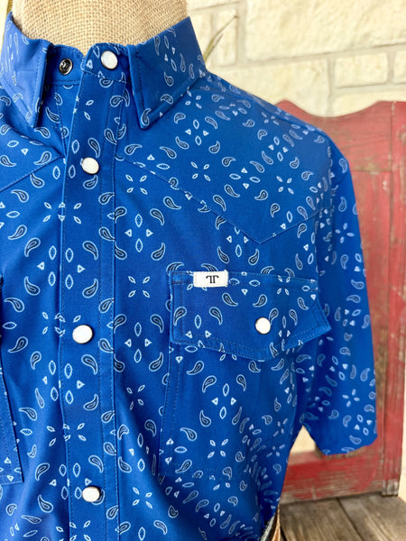 Men's Ferrell Blue and White Paisley Short Sleeve Snap Shirt
