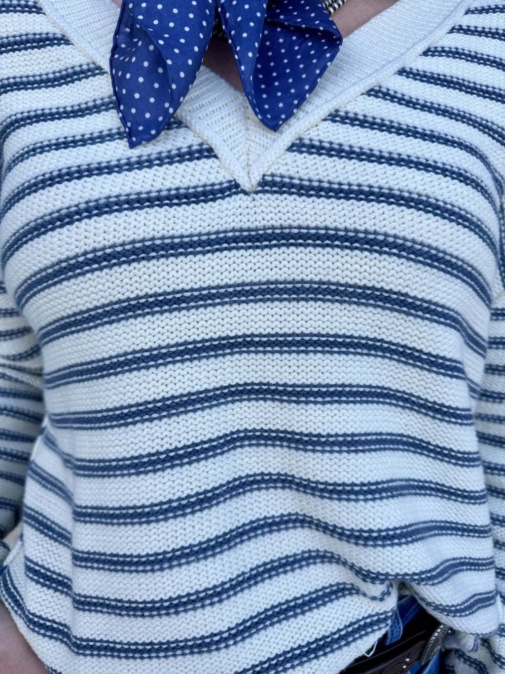 Women's Cream and Blue Striped V-Neck Knit Sweater