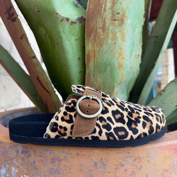 Women's leopard-print suede mule with cushioned footbed and slip-on silhouette — Blair's Western Wear Marble Falls TX