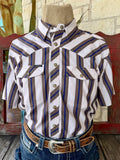 Men's natural brown and blue stripe snap-front short sleeve Western shirt — Blair's Western Wear Marble Falls TX