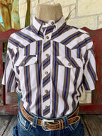 Men's natural brown and blue stripe snap-front short sleeve Western shirt — Blair's Western Wear Marble Falls TX