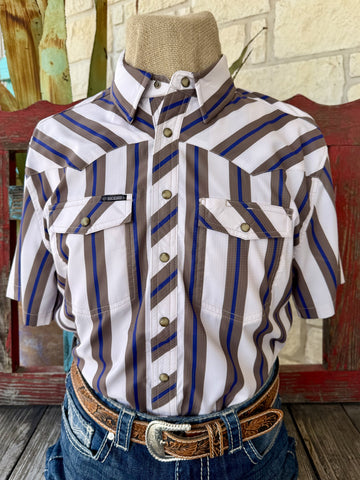 Men's natural brown and blue stripe snap-front short sleeve Western shirt — Blair's Western Wear Marble Falls TX