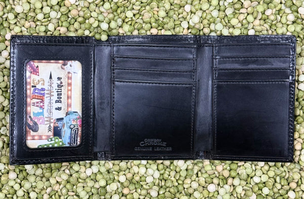 Men's Black Basketweave Praying Cowboy Concho Trifold Wallet